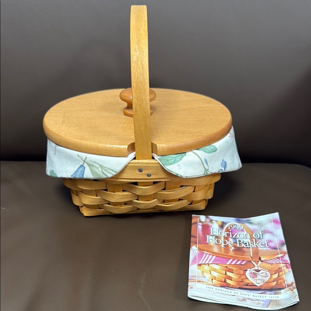 1999 Longaberger Wooden Basket with Floral Liner and Lid Horizon of Hope